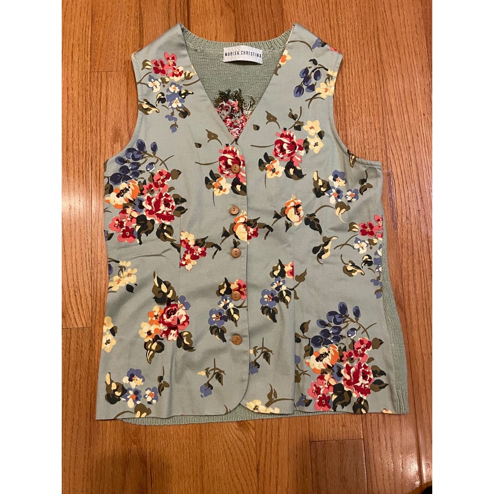 Marisa Christina Floral Knit Vest Women's Size M Button Front Embroidered Flower